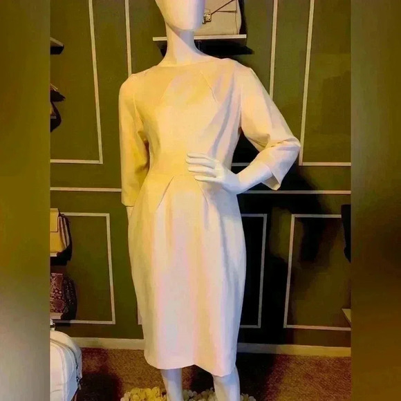 Mary Crafts Beige 3/4 SL Square Slit Neck Zip Cocktail Formal Office Dress Sz 6. - Picture 1 of 9